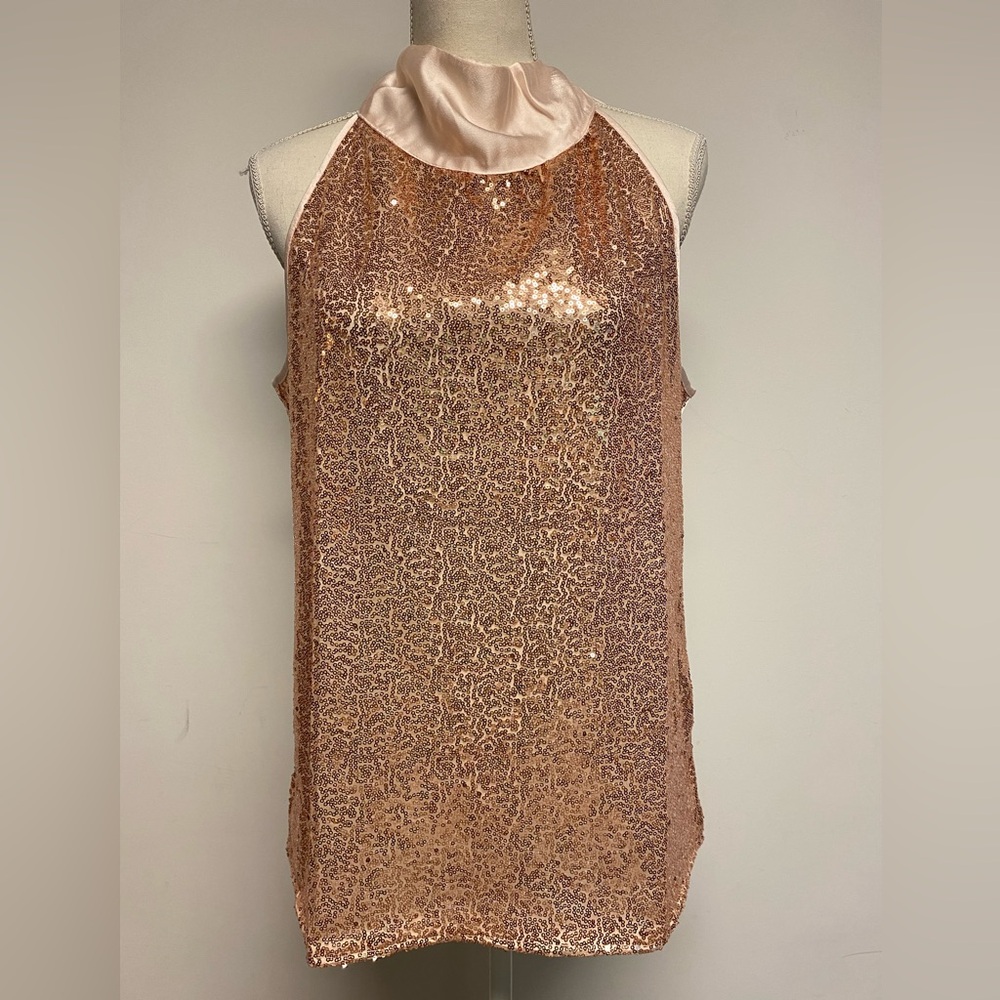Rose Gold Sequins and Satin Tie Neck Halter Top Size Medium